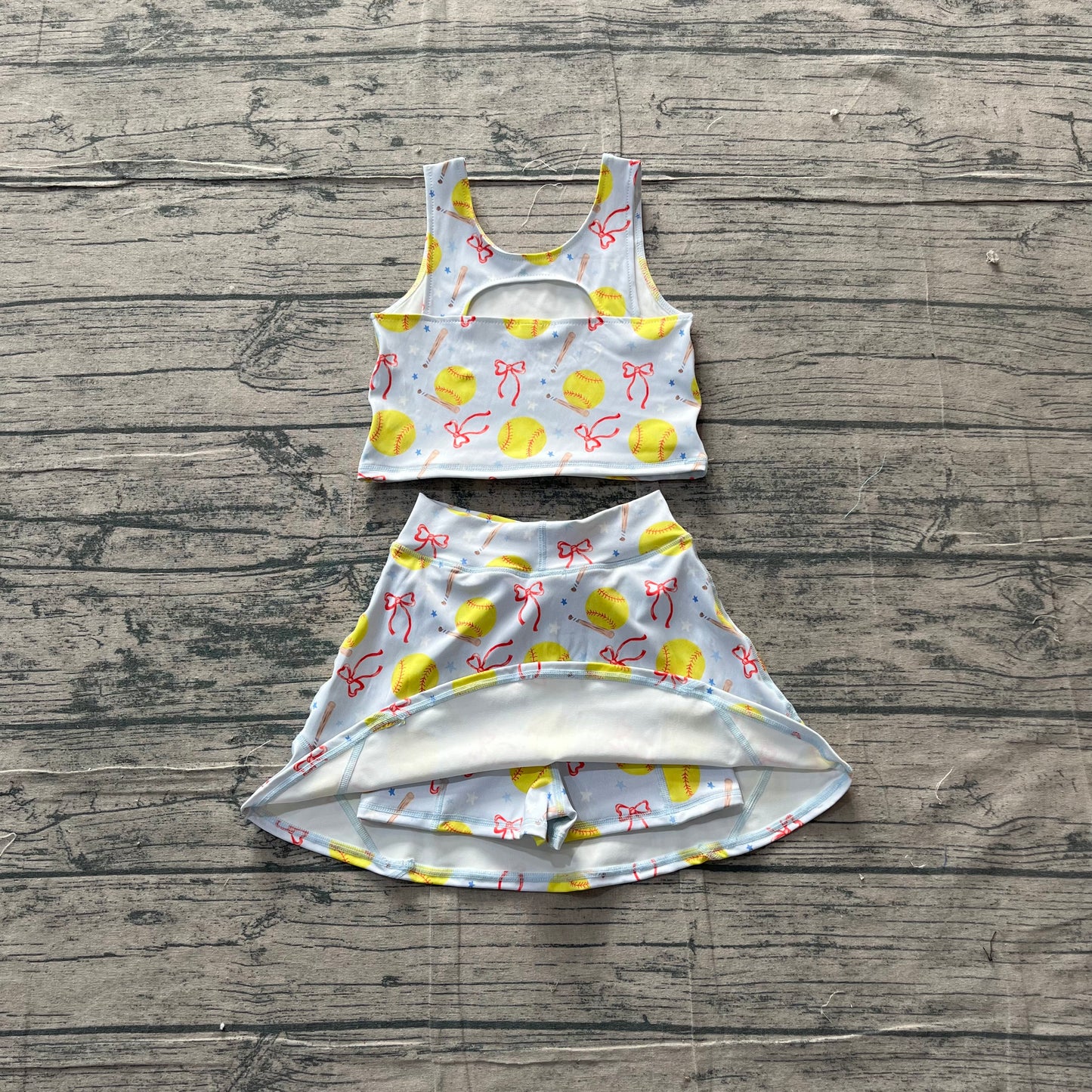 GSD3836 Preorder Sample Baby Girl Bows Softballs Vests Top Skirt Short Team Yoga Active Clothes Set
