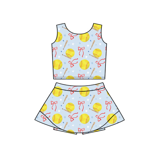 GSD3836 Preorder Baby Girl Bows Softballs Vests Top Skirt Short Team Yoga Active Clothes Set