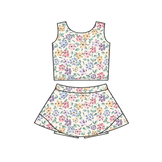 GSD3838 Preorder Baby Girls Colorful Flowers Vests Top Skirt Short Yoga Active Clothes Set
