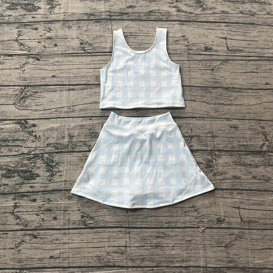 GSD3839 Preorder Sample Baby Girl Light Blue Vests Top Skirt Short Yoga Active Clothes Set