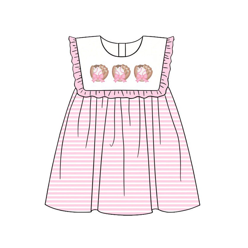GSD3840 Preorder Baby Girl Sleeveless Bows Baseballs Team Stripe Knee Length Dress
