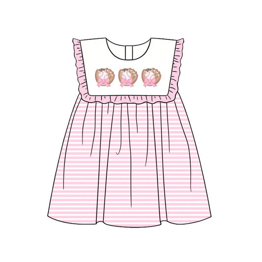 GSD3840 Preorder Baby Girl Sleeveless Bows Baseballs Team Stripe Knee Length Dress