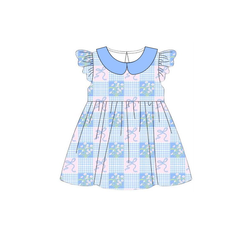 GSD3844 Preorder Baby Girl Flutter Sleeve Bows Flowers Checked Collar Knee Length Dress