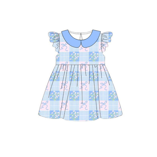 GSD3844 Preorder Baby Girl Flutter Sleeve Bows Flowers Checked Collar Knee Length Dress