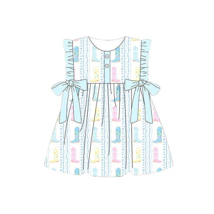 GSD3847 Preorder Baby Girl Colorful Boots Stripe Western Button Knee Length Dress