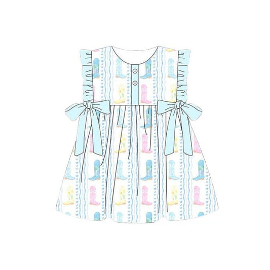 GSD3847 Preorder Baby Girl Colorful Boots Stripe Western Button Knee Length Dress