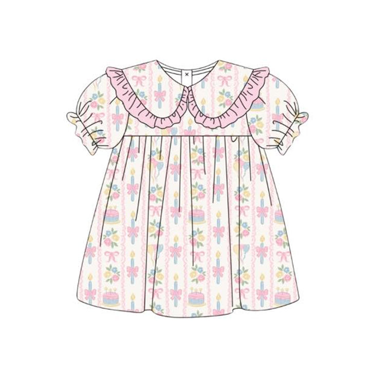 GSD3848 Preorder Baby Girl Colorful Bows Flowers Stripe Collar Knee Length Dress