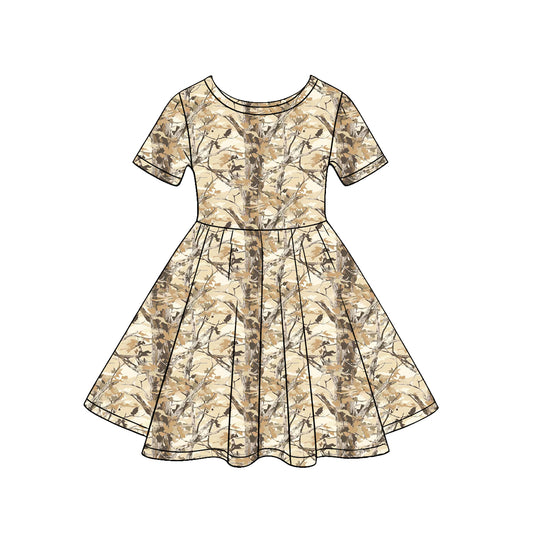 GSD3849 Preorder Baby Girl Short Sleeve Southern Leaves Camo Knee Length Dresses