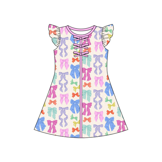 GSD3851 Preorder Baby Girl Flutter Sleeve Colorful Bows Knee Length Dresses