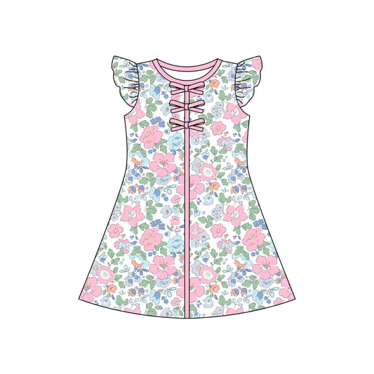 GSD3852 Preorder Baby Girl Flutter Sleeve Colorful Flowers Knee Length Dresses
