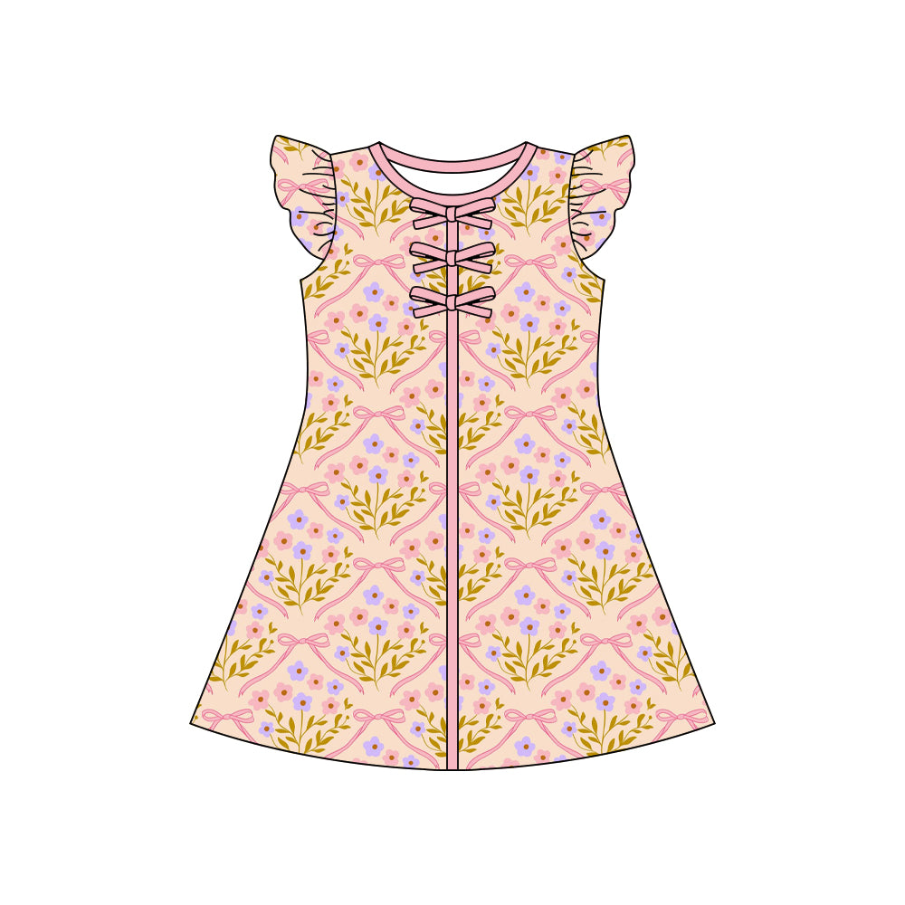 GSD3853 Preorder Baby Girl Flutter Sleeve Flowers Bows Checked Knee Length Dresses