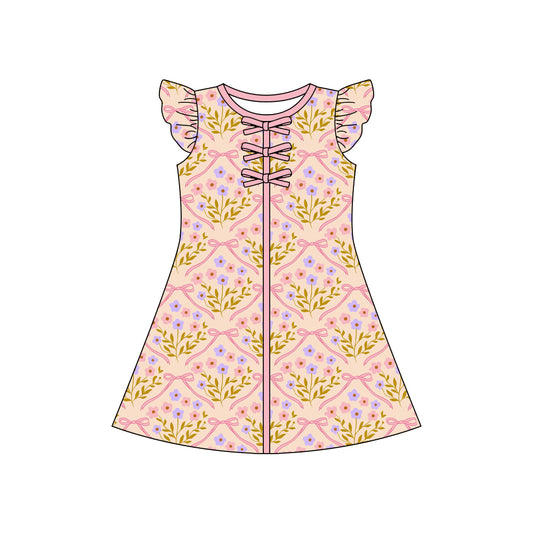 GSD3853 Preorder Baby Girl Flutter Sleeve Flowers Bows Checked Knee Length Dresses
