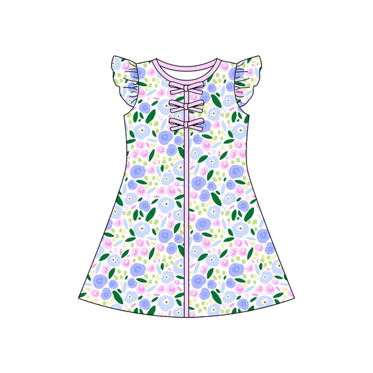GSD3854 Preorder Baby Girl Flutter Sleeve Colorful Flowers Knee Length Dresses