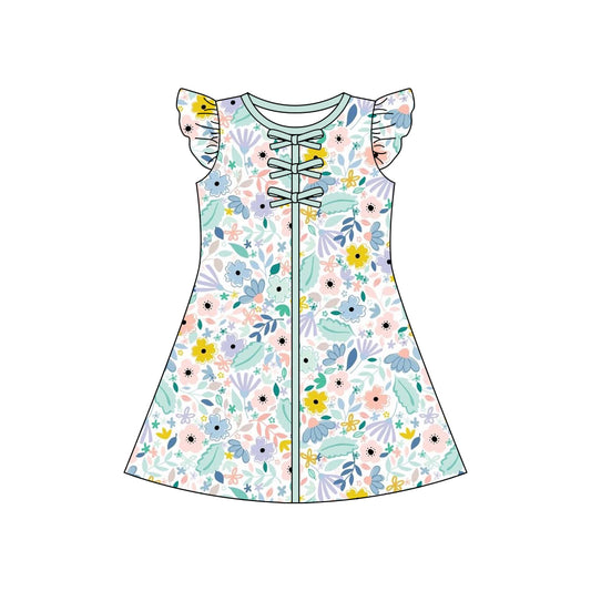 GSD3855 Preorder Baby Girl Flutter Sleeve Colorful Flowers Knee Length Dresses
