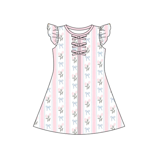 GSD3856 Preorder Baby Girl Flutter Sleeve Bows Flowers Stripe Knee Length Dresses