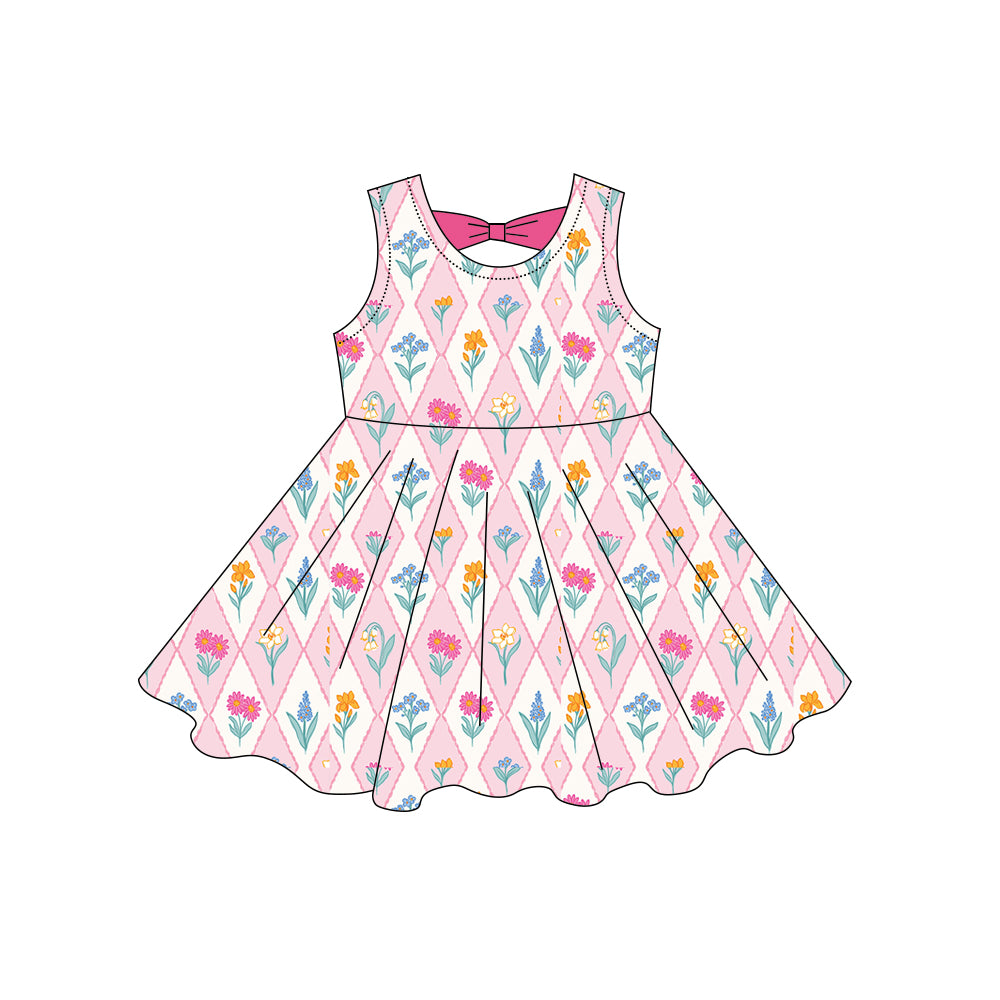 GSD3861 Preorder Baby Girl Sleeveless Flowers Checked Knee Length Dresses