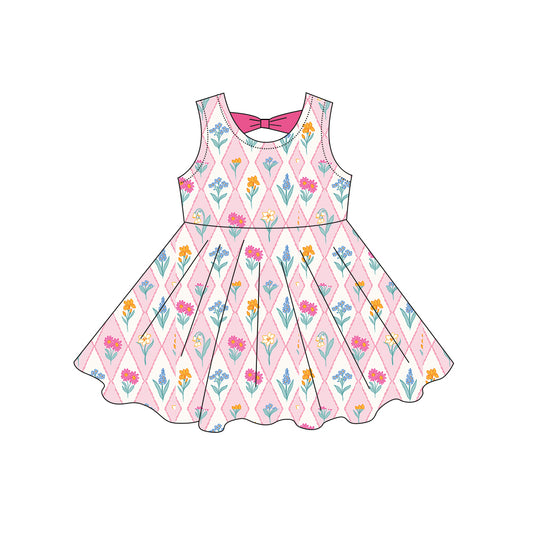 GSD3861 Preorder Baby Girl Sleeveless Flowers Checked Knee Length Dresses