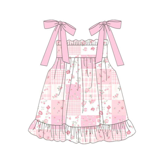 GSD3868 Preorder Baby Girl Pink Strap Flowers Checked Ruffle Knee Length Dresses