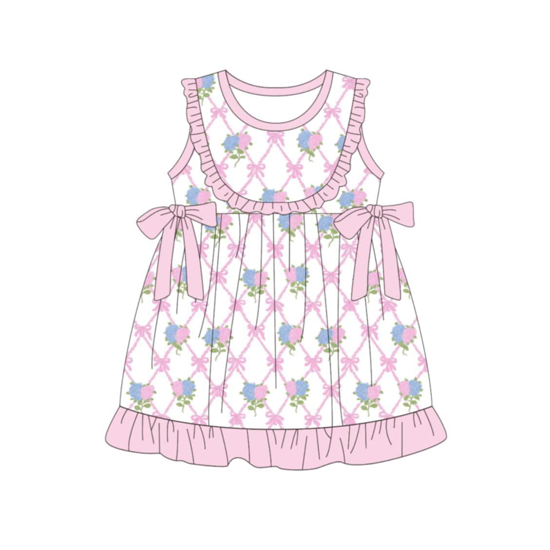 GSD3869 Preorder Baby Girl Sleeveless Flowers Bows Checked Ruffle Knee Length Dresses