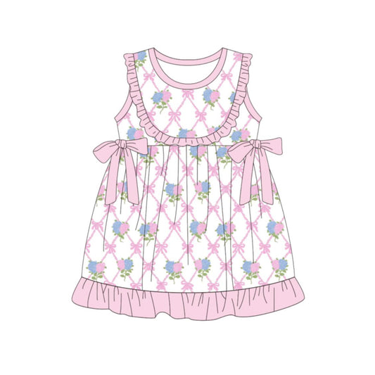 GSD3869 Preorder Baby Girl Sleeveless Flowers Bows Checked Ruffle Knee Length Dresses