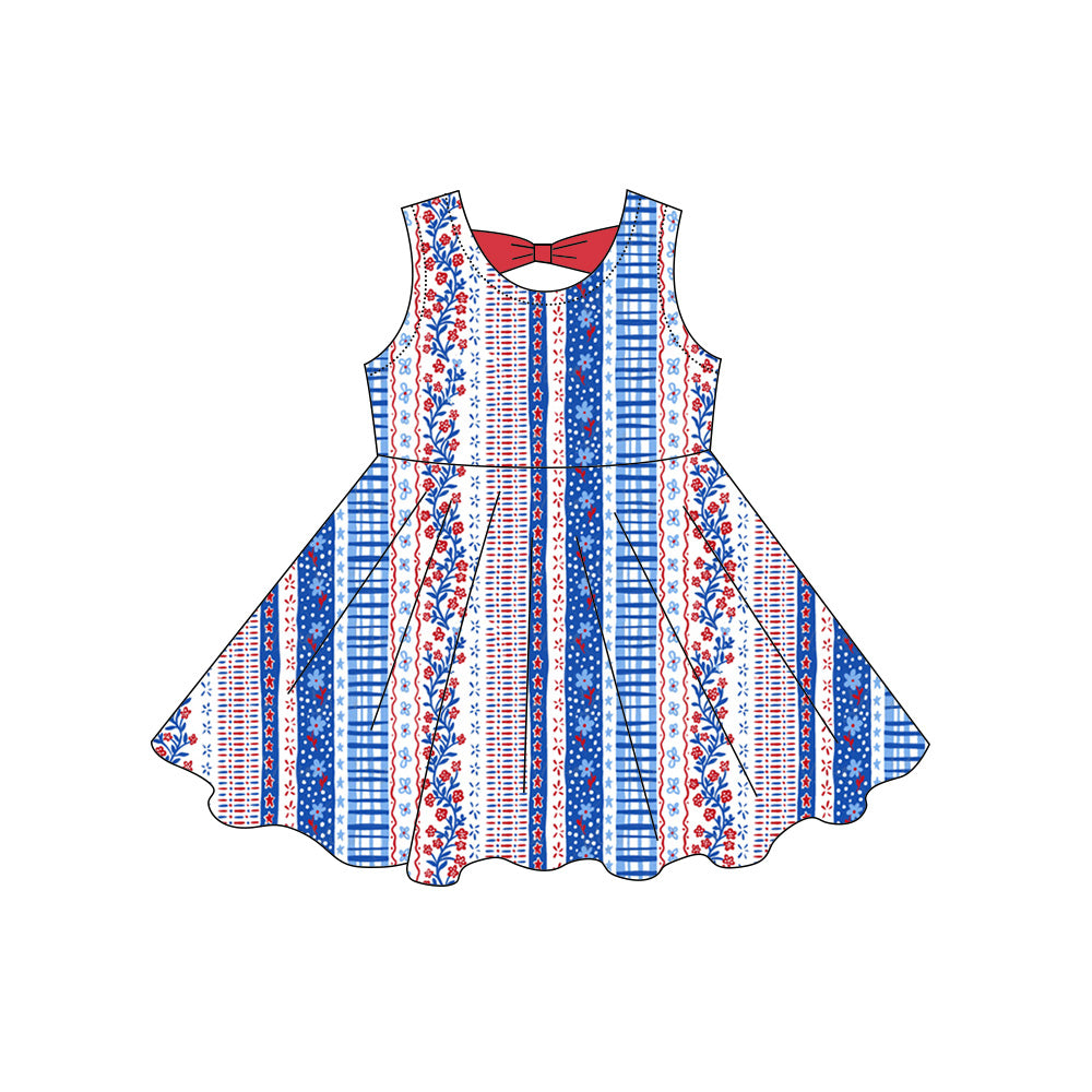 GSD3872 Preorder Baby Girl Sleeveless Red Blue Flowers Stripe 4th of July Knee Length Dresses