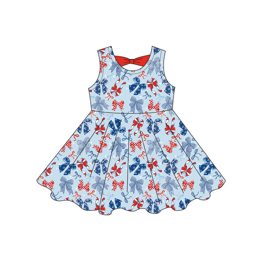 GSD3873 Preorder Baby Girl Sleeveless Red Blue Bows Plaid 4th of July Knee Length Dresses