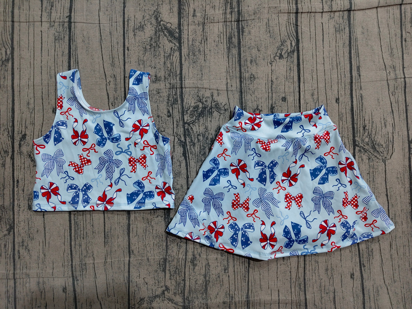 GSD3874 Preorder Sample Baby Girls Red Blue Bows Vests Skirt Short Yoga Active 4th of July Clothes Set