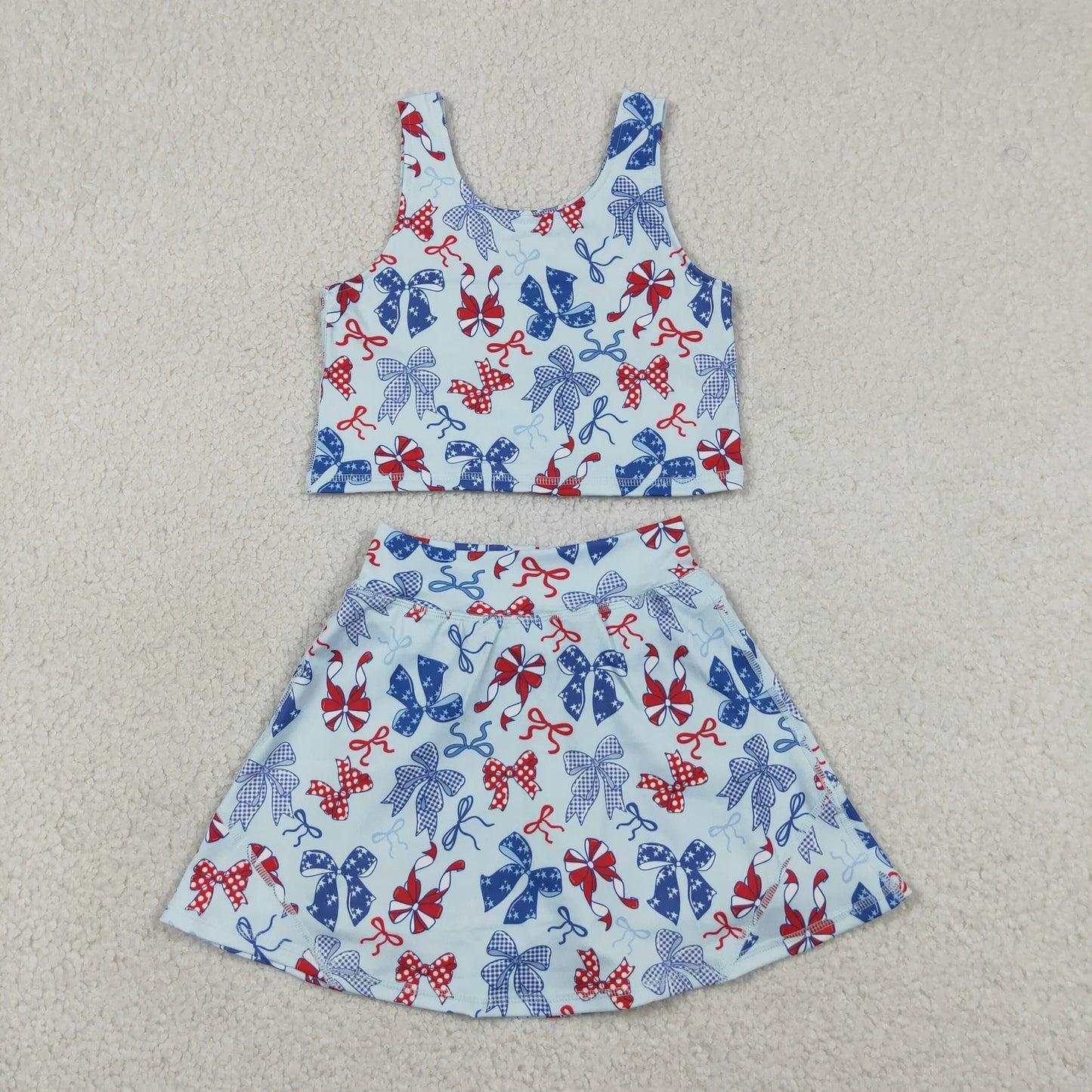 Baby Girls Sibling Red Blue Bows 4th of July Yoga Active Skirt Shorts Set Knee Length Dresses