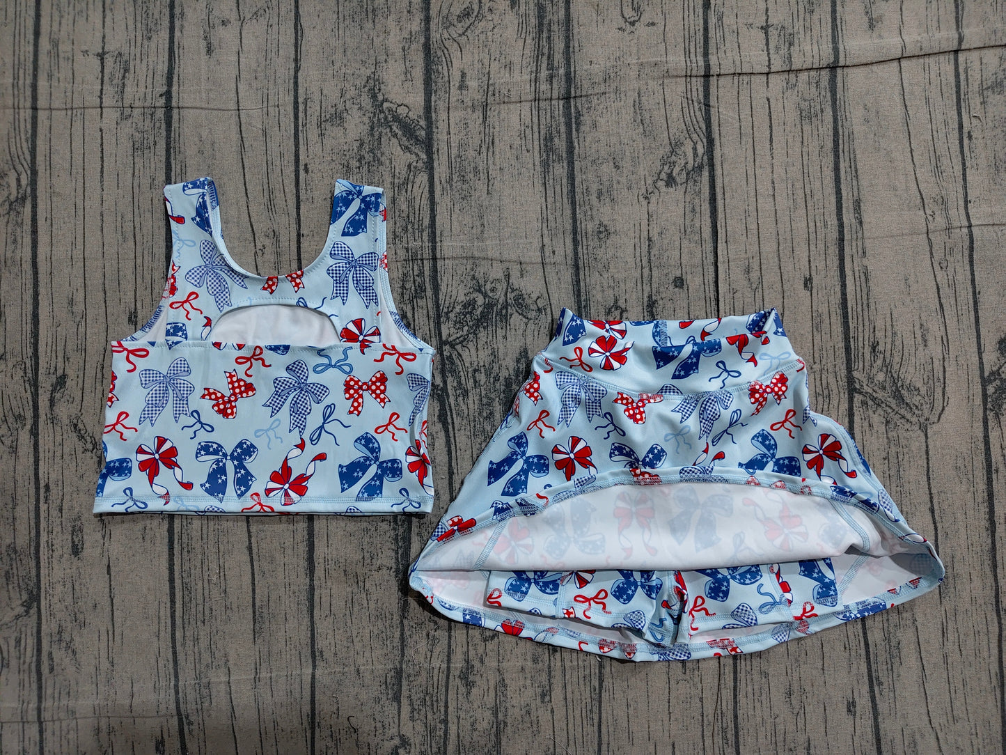 GSD3874 Preorder Sample Baby Girls Red Blue Bows Vests Skirt Short Yoga Active 4th of July Clothes Set