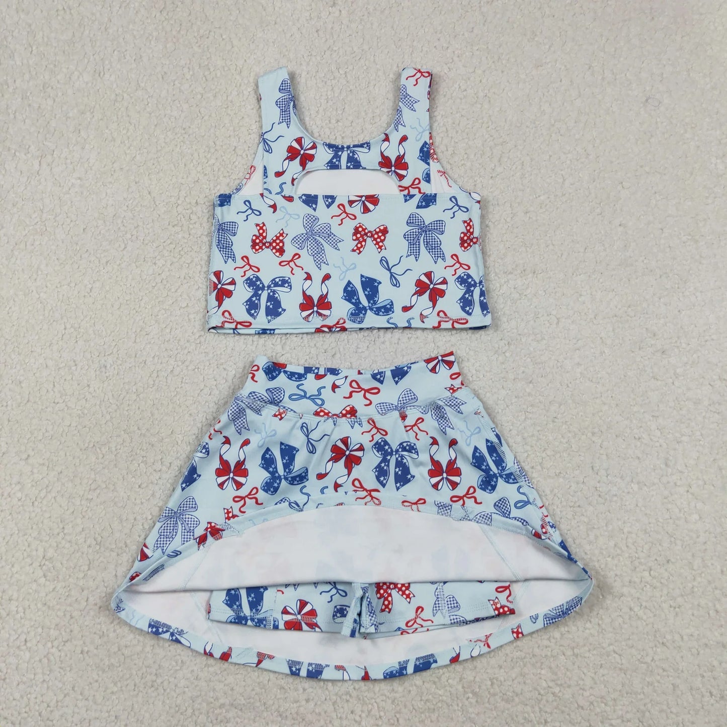 Baby Girls Sibling Red Blue Bows 4th of July Yoga Active Skirt Shorts Set Knee Length Dresses