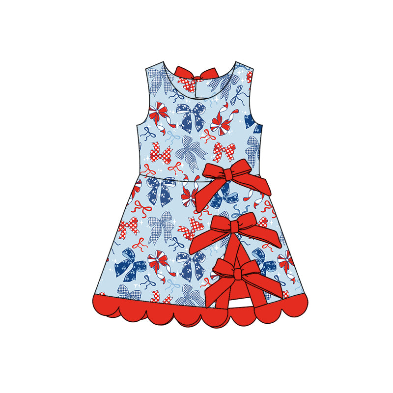 GSD3875 Preorder Baby Girl Red Blue Bows 4th of July Yoga Active Scallop Short Knee Length Dress