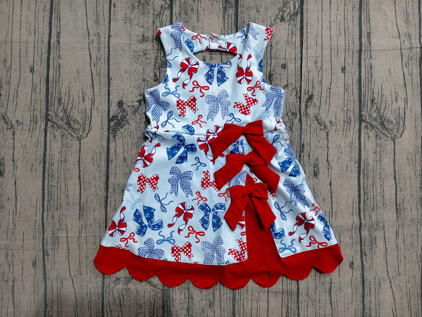 GSD3875 Preorder Sample Baby Girls Red Blue Bows 4th of July Yoga Active Scallop Short Knee Length Dress