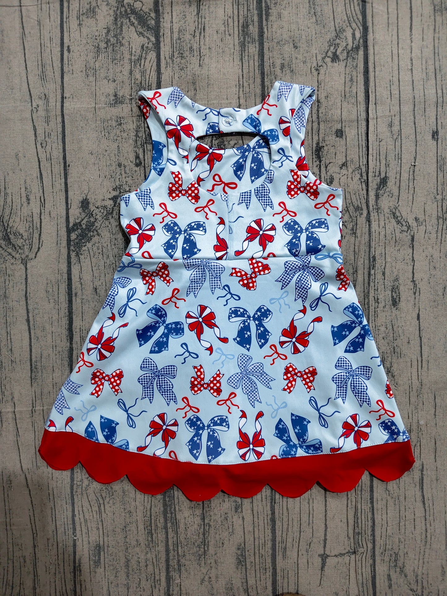 GSD3875 Preorder Sample Baby Girls Red Blue Bows 4th of July Yoga Active Scallop Short Knee Length Dress