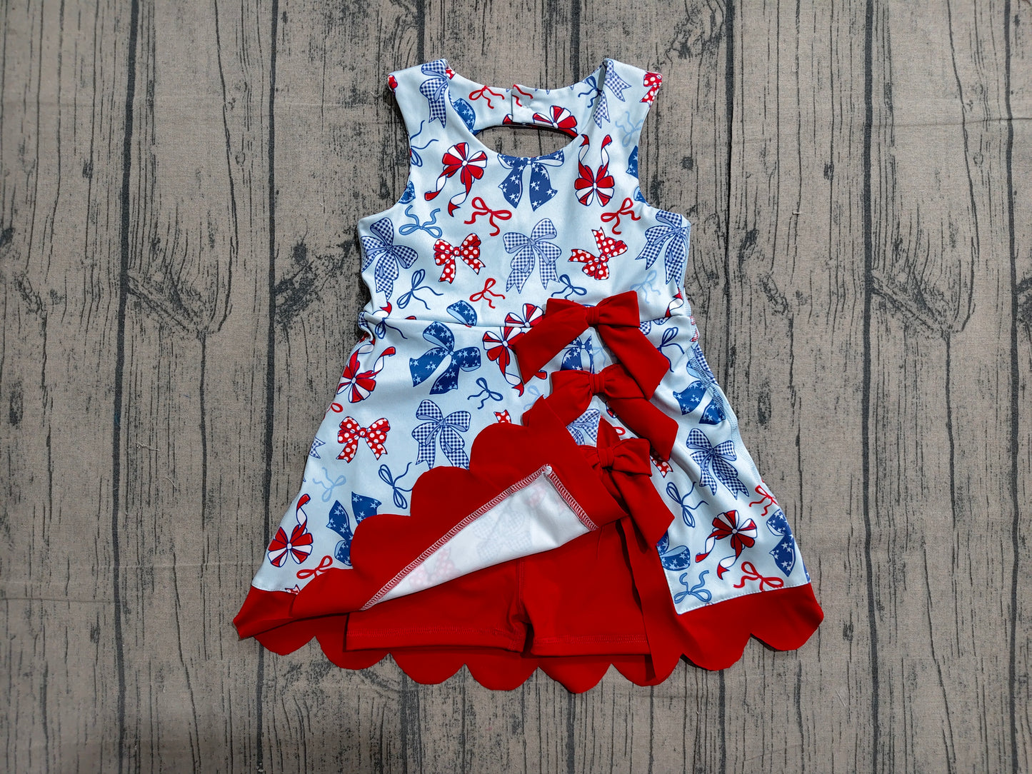 GSD3875 Preorder Sample Baby Girls Red Blue Bows 4th of July Yoga Active Scallop Short Knee Length Dress