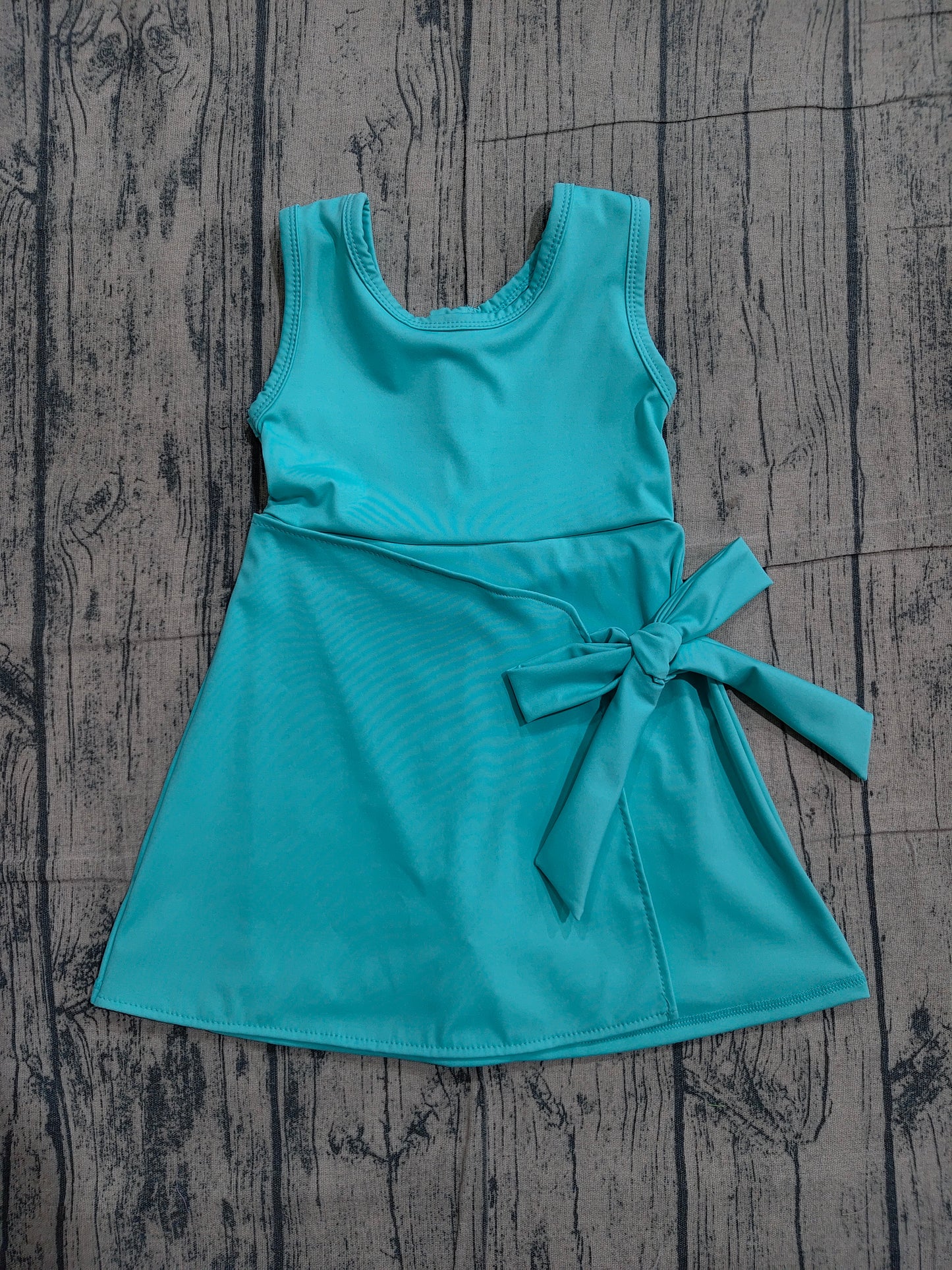 GSD3876 Preorder Sample Baby Girl Aqua Sleeveless Bows Yoga Active Short Knee Length Dress