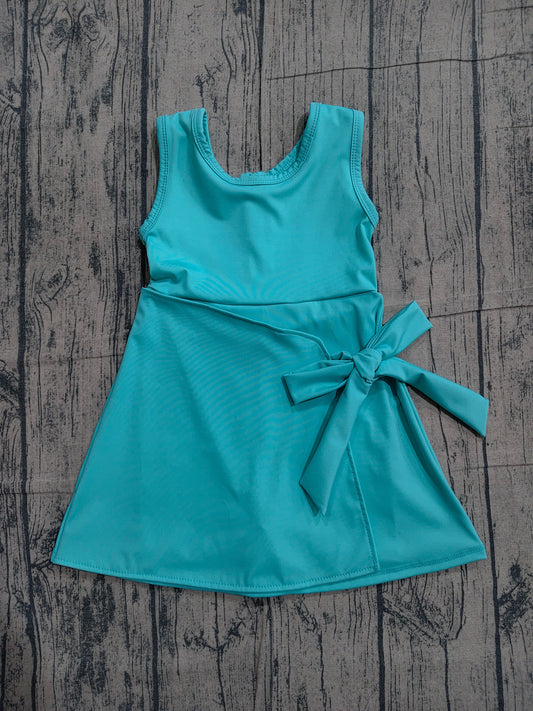 GSD3876 Preorder Sample Baby Girl Aqua Sleeveless Bows Yoga Active Short Knee Length Dress