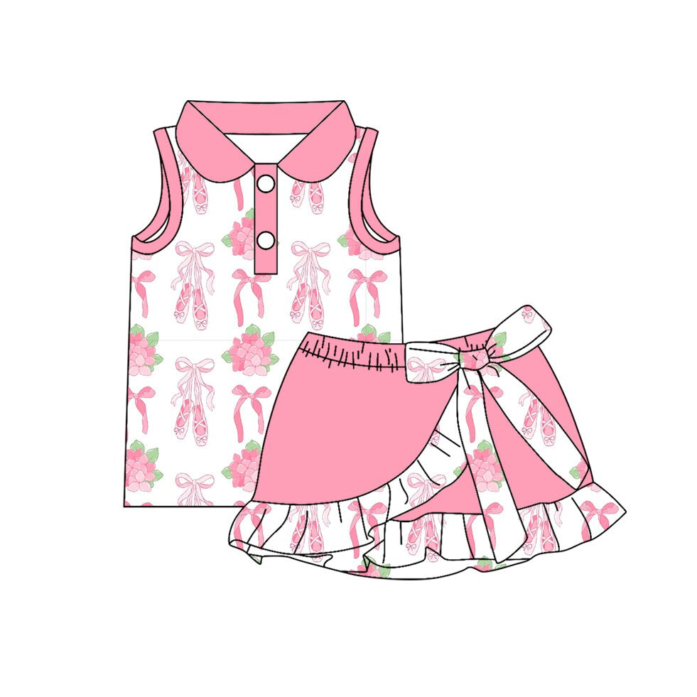 GSD3884 Preorder Baby Girl Pink Flowers Bow Shoes Button Top Ruffle Skirt Shorts Clothes Sets