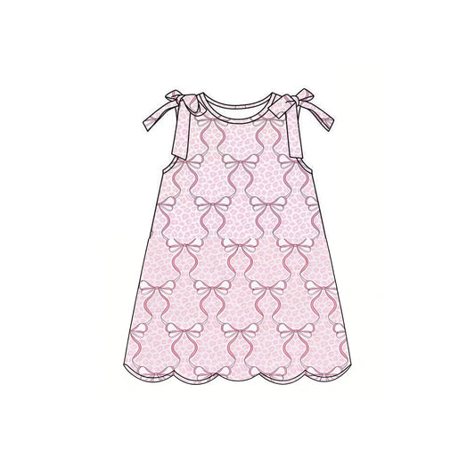 GSD3886 Preorder Baby Girl Sleeveless Pink Bows Leopard Scallop Knee Length Dresses