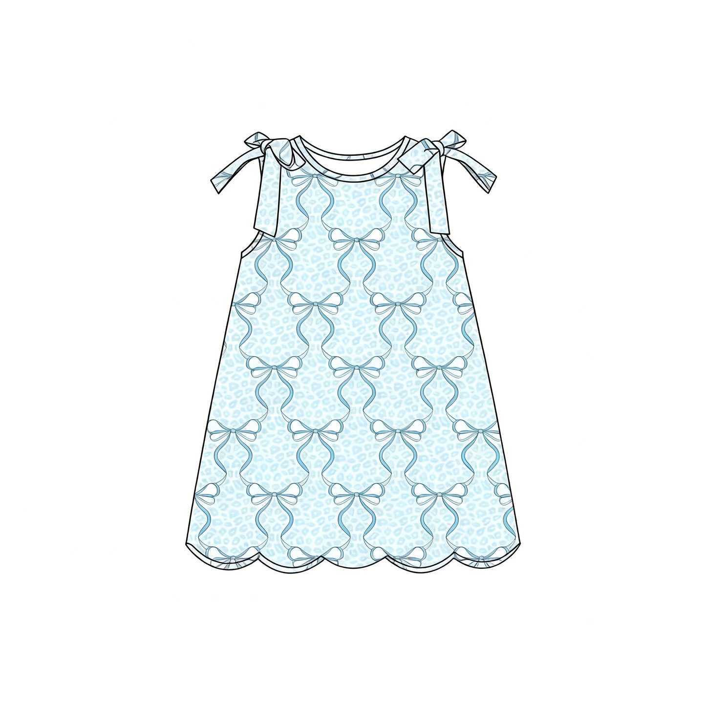 GSD3887 Preorder Baby Girl Sleeveless Aqua Bows Leopard Scallop Knee Length Dresses