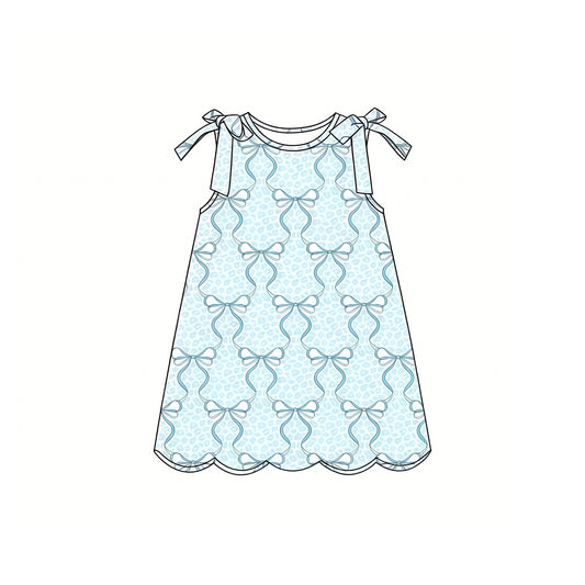 GSD3887 Preorder Baby Girl Sleeveless Aqua Bows Leopard Scallop Knee Length Dresses