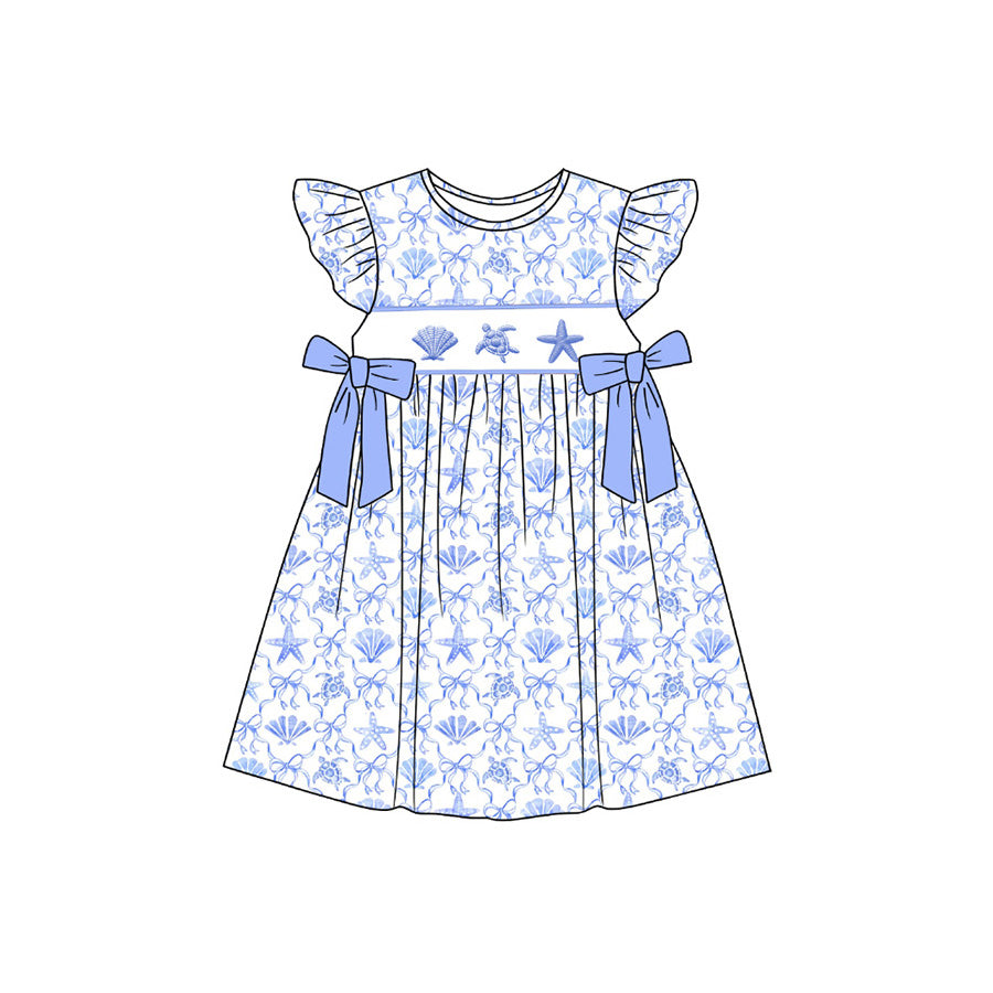 GSD3893 Preorder Baby Girls Flutter Sleeve Shell Starfish Bows Checked Knee Length Dresses
