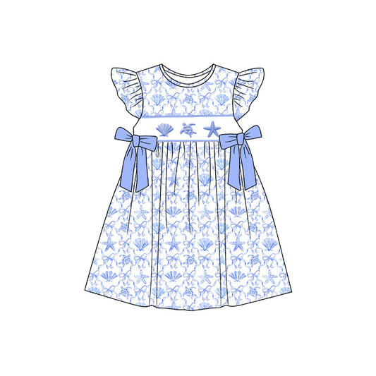 GSD3893 Preorder Baby Girls Flutter Sleeve Shell Starfish Bows Checked Knee Length Dresses
