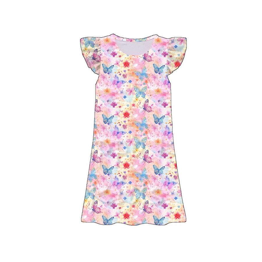GSD3894 Preorder Baby Girls Flutter Sleeve Colorful Floral Butterfly Knee Length Dresses