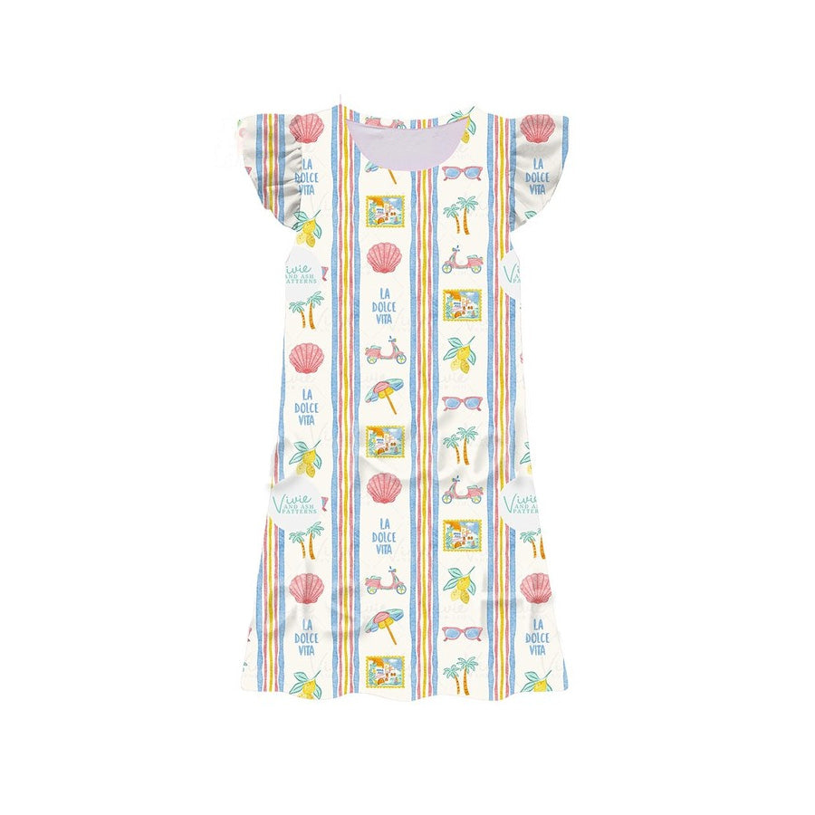 GSD3896 Preorder Baby Girls Flutter Sleeve Colorful Stripe Beach Knee Length Dresses