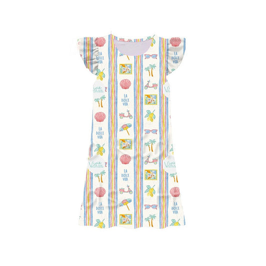 GSD3896 Preorder Baby Girls Flutter Sleeve Colorful Stripe Beach Knee Length Dresses