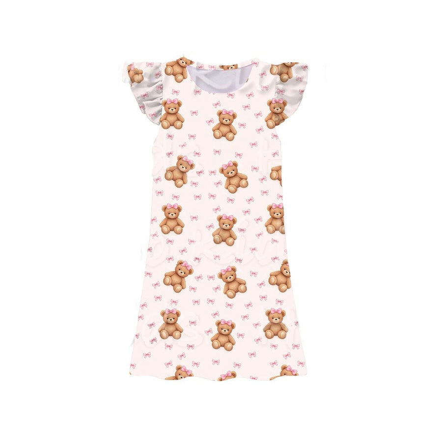GSD3899 Preorder Baby Girls Flutter Sleeve Pink Bows Bears Plaid Knee Length Dresses