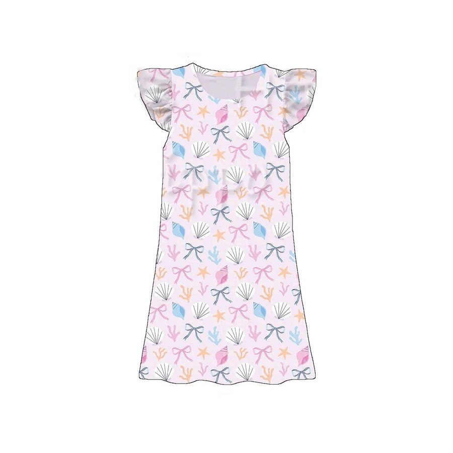 GSD3901 Preorder Baby Girls Flutter Sleeve Colorful Bows Shells Knee Length Dresses