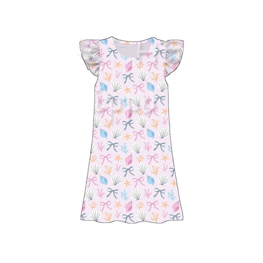GSD3901 Preorder Baby Girls Flutter Sleeve Colorful Bows Shells Knee Length Dresses