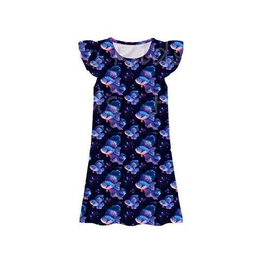 GSD3902 Preorder Baby Girls Flutter Sleeve Flowers Fishes Plaid Knee Length Dresses