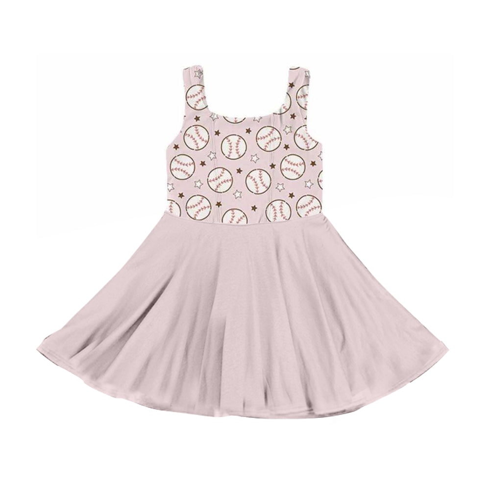 GSD3903 Preorder Baby Girls Pink Sleeveless Star Baseballs Team Knee Length Dresses